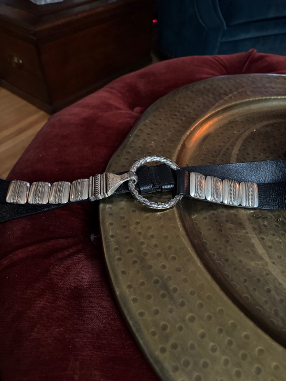 Chico's Black Leather Belt with Silver-Tone Decorative Links